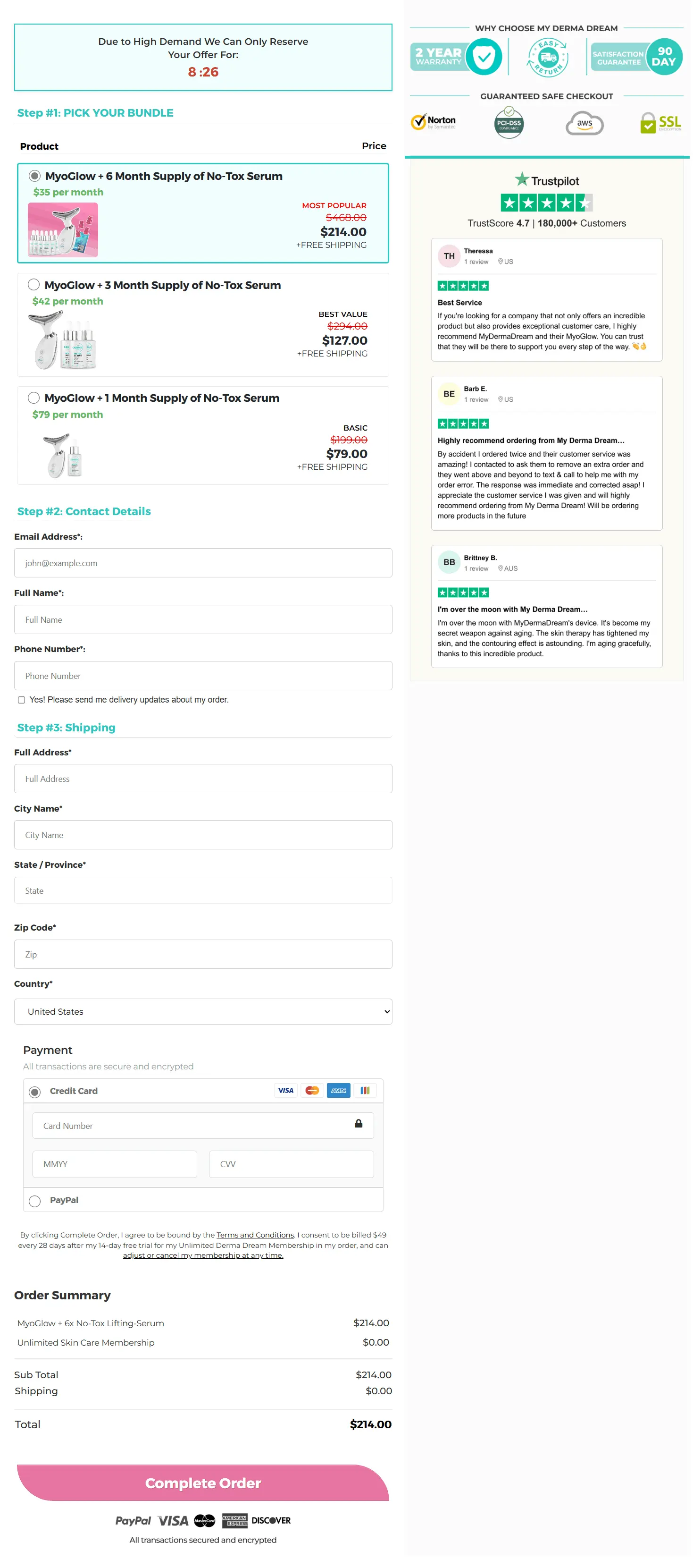 Myo Glow Secure Checkout Page